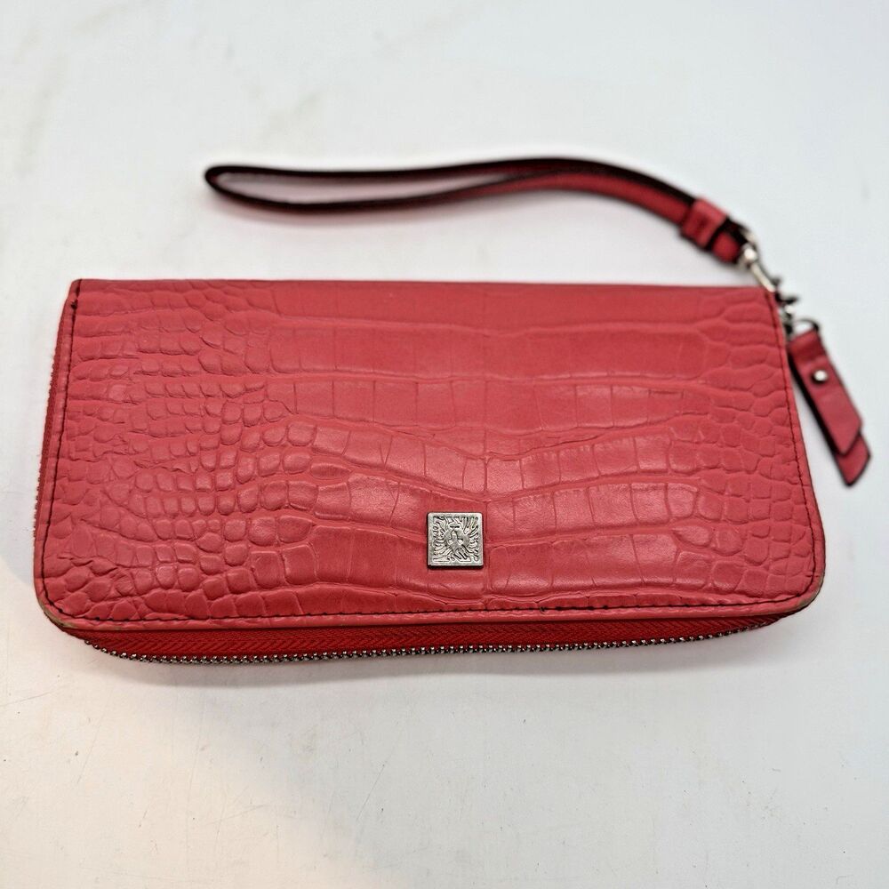 Anne Klein Pink Croc Embossed Zip Around Wristlet Lion Logo Wallet Organizer Lg.
